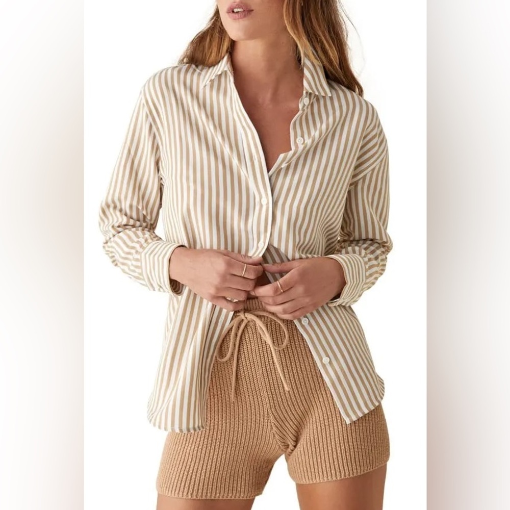 Reformation Beige and White Parker Relaxed Shirt